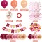 Pink Burgundy Birthday Decorations Kit with Balloons, Tissue Paper Pom Poms, Happy Birthday Banner, Paper Confetti & Hanging Swirl Birthday Party Decoration